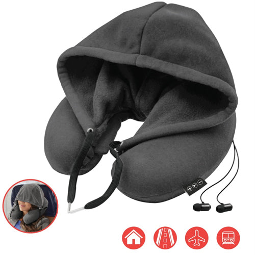 Travel Neck Pillow with Hoodie and Built In Bluetooth Earbuds emrge